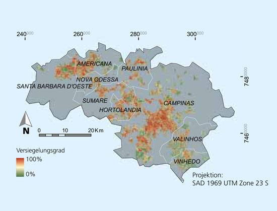 Flächenversiegelung der Städte, basierend auf Landsat- Satellitendaten.