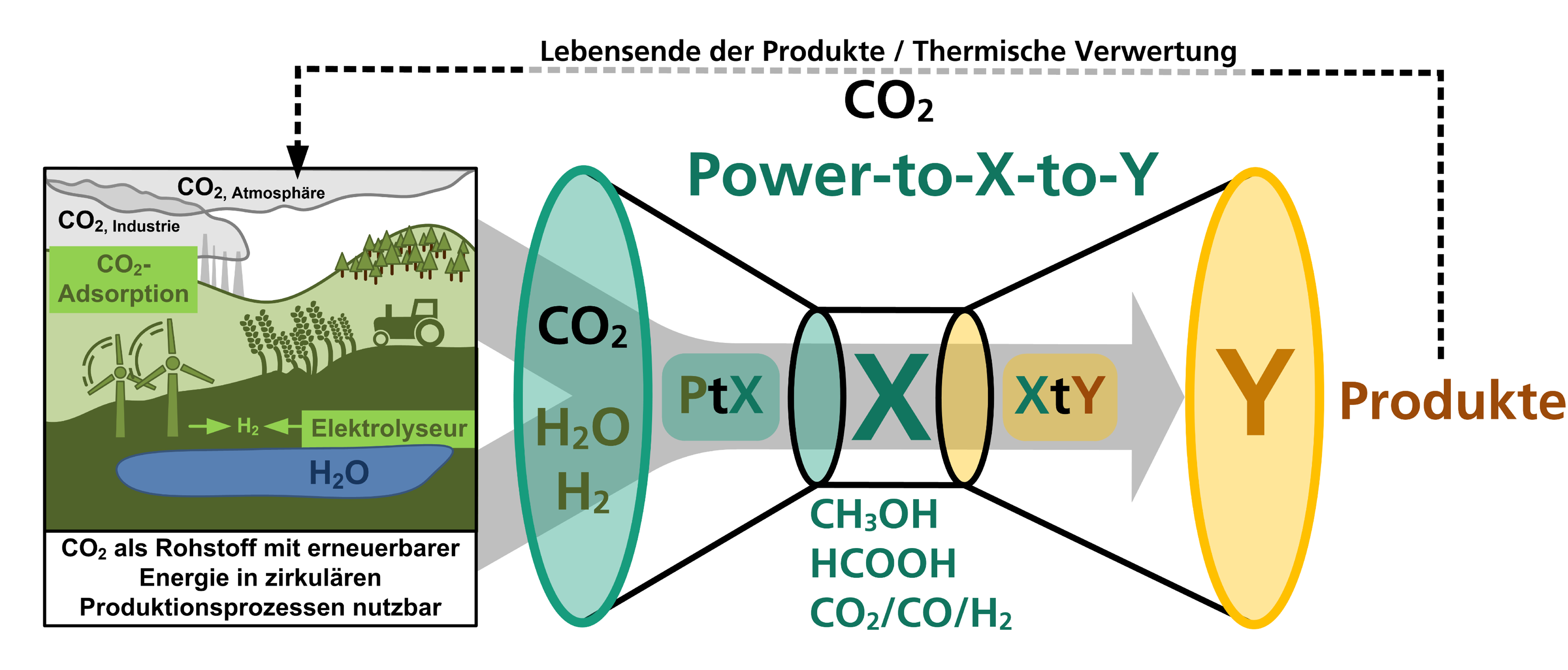 Die Erweiterung von Power-to-X zu einem Power-to-X-to-Y-Konzept verfolgt das Fraunhofer IGB. Hierbei wird im ersten Schritt (Power-to-X) das Treibhausgas CO<sub>2</sub> in energiereiche Zwischenprodukte wie Methanol (CH<sub>3</sub>OH) und Ameisensäure (HCOOH) umgesetzt. Über angekoppelte chemische oder biotechnologische Prozesse (X-to-Y), in denen die Zwischenprodukte als Ausgangsstoffe dienen, ist ein sehr breites Spektrum an Produkten mit hoher Wertschöpfung zu erreichen. Somit wird CO<sub>2</sub> zu einem wertvollen primären Rohstoff. 