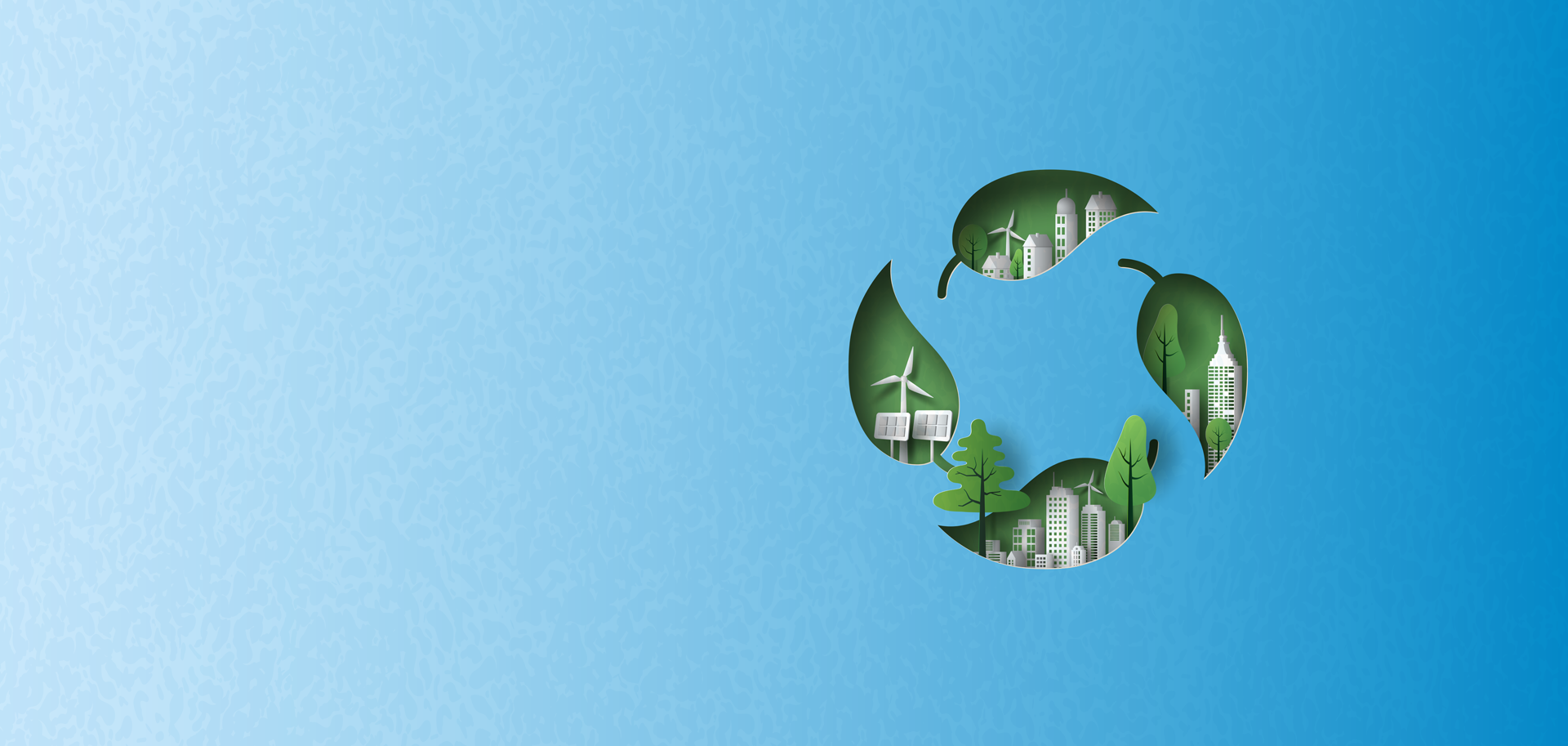 Blätterkonturen in einer Kreisanordnung, innerhalb der Konturen sind Stadtmotive zu sehen, Häuser, Bäume, regenerative Energiequellen