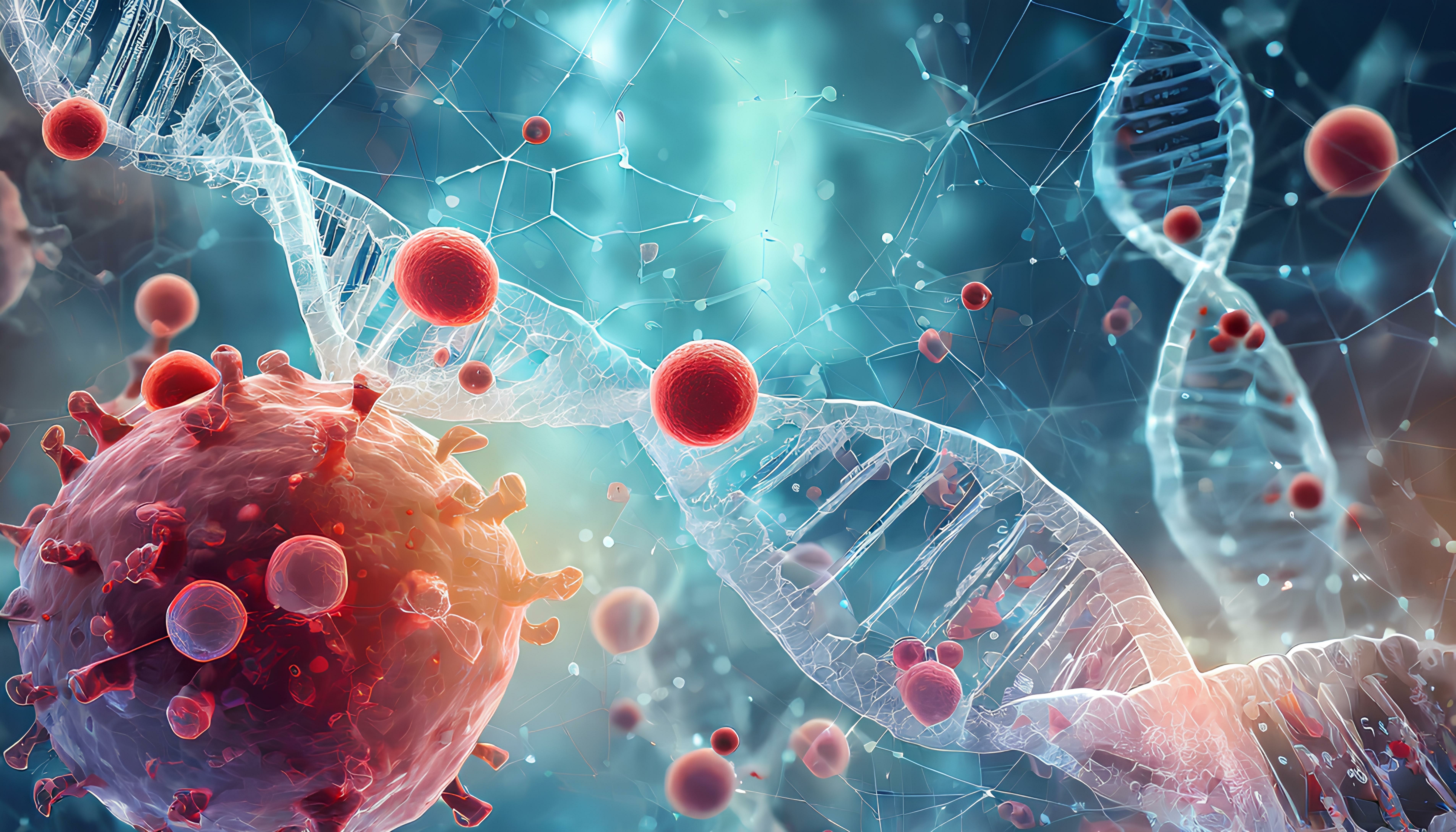 medical pharmaceutical research background with blood cells and virus cure using DNA.