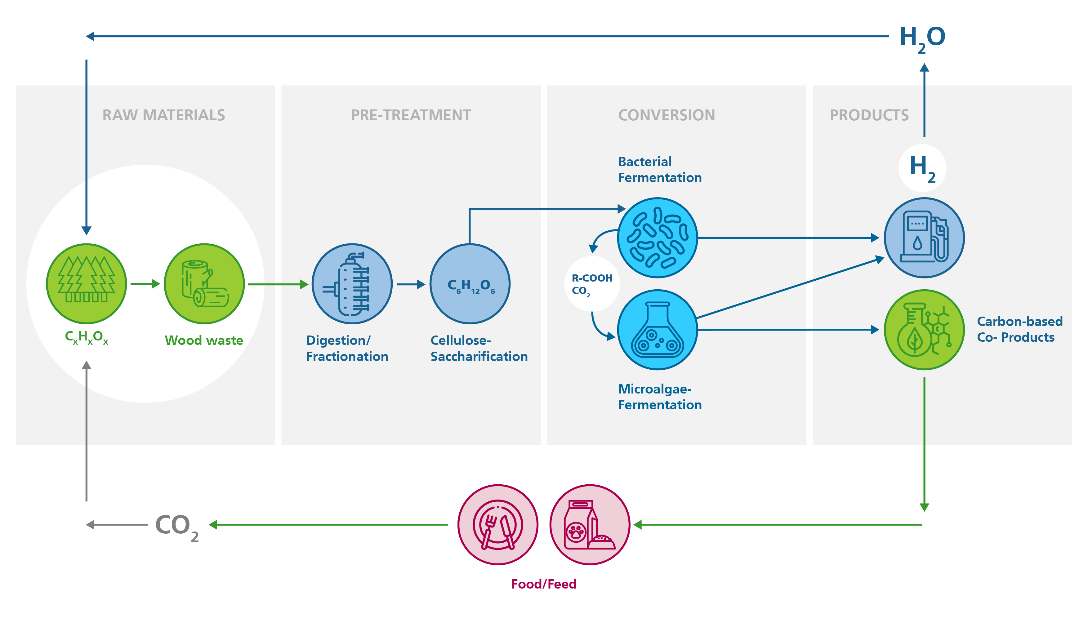 Wood waste can be used to close material cycles and provide the high-quality energy carrier hydrogen. The wood sugars obtained after fractionation and saccharification serve as substrate for hydrogen-producing microorganisms. Hydrogen-producing microalgae synthesize co-products from the microbial fermentation products (organic acids, CO2), which can be used as food or feed. Only water is produced when the regenerative energy carrier hydrogen is used.