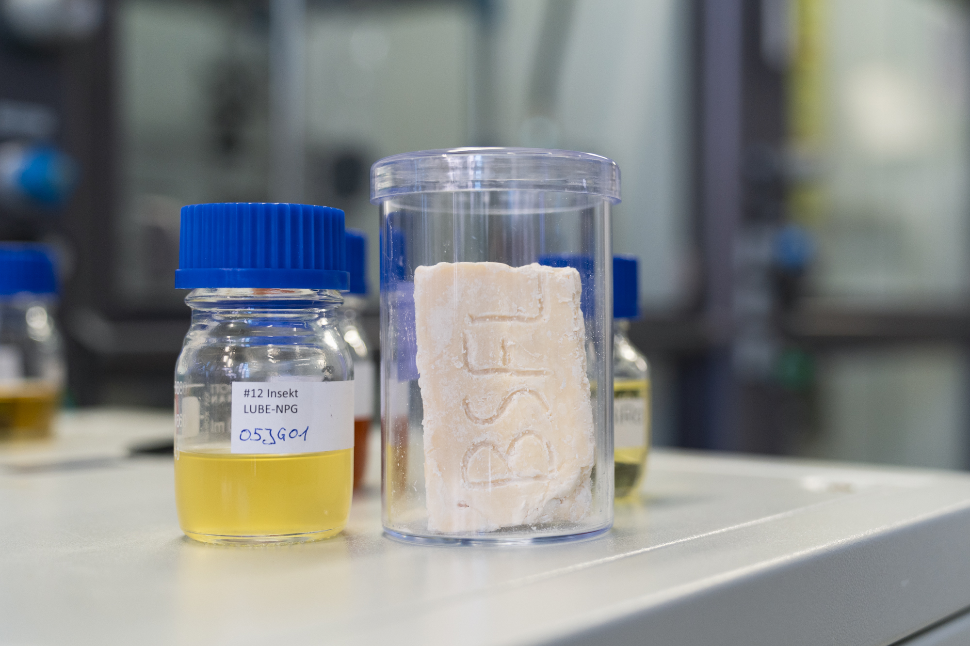 Products from the insect biorefinery: the fat fraction can be used to make soap, for example (right)