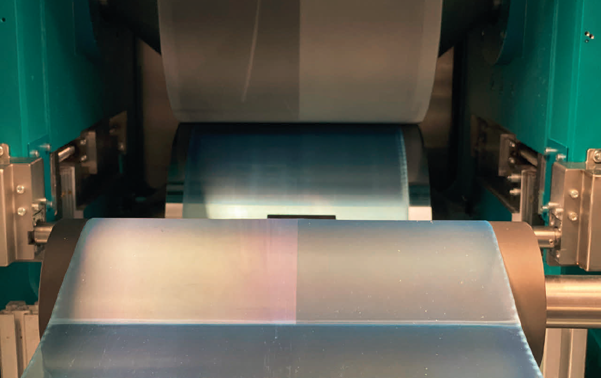 Structuring of PU film as web material in the roll-to-roll process.