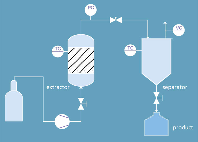 Flowchart of the plant for the extraction with supercritical fluids.